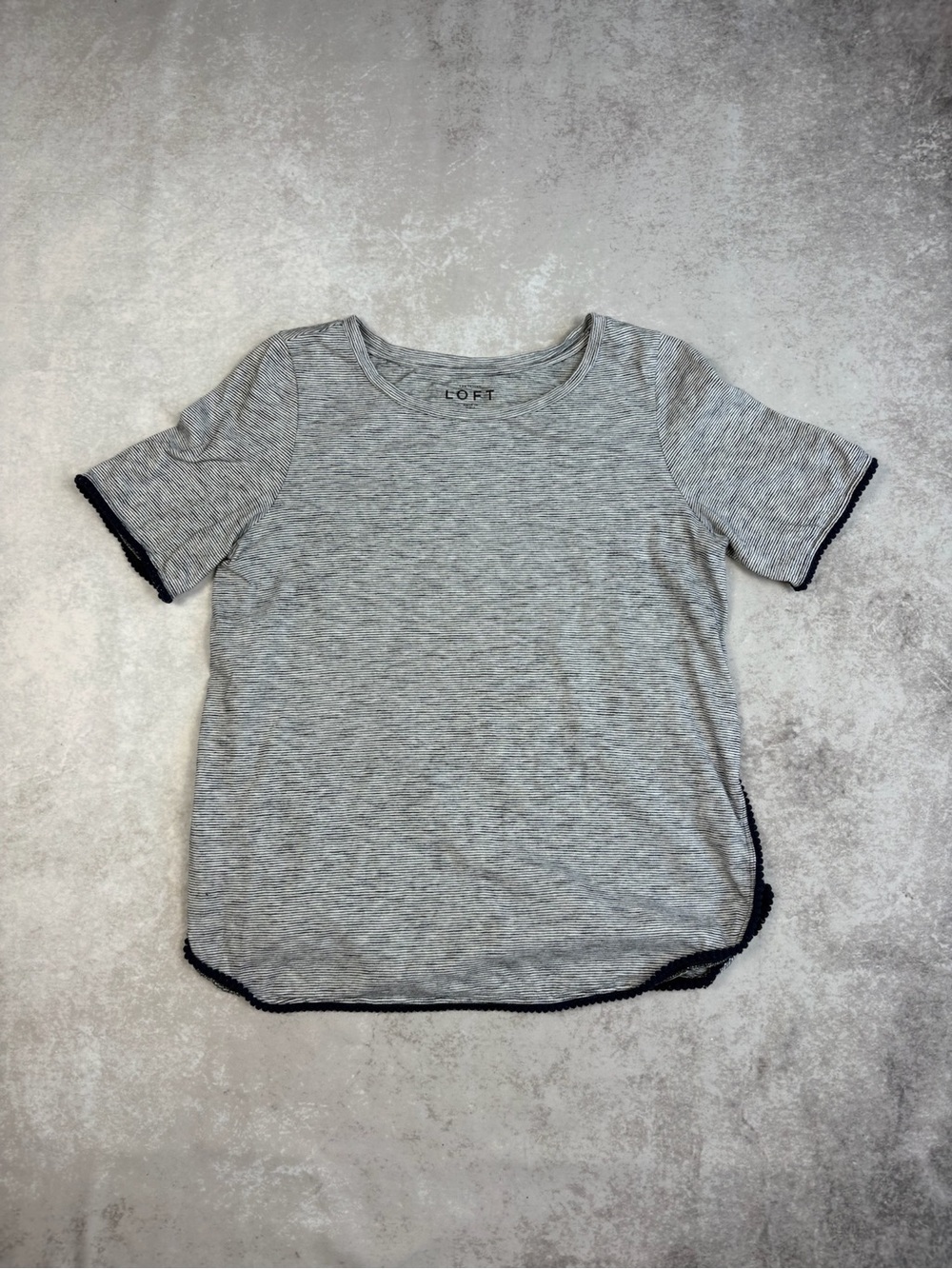 LOFT Gray Striped Tee w/ Pom Trim Size S